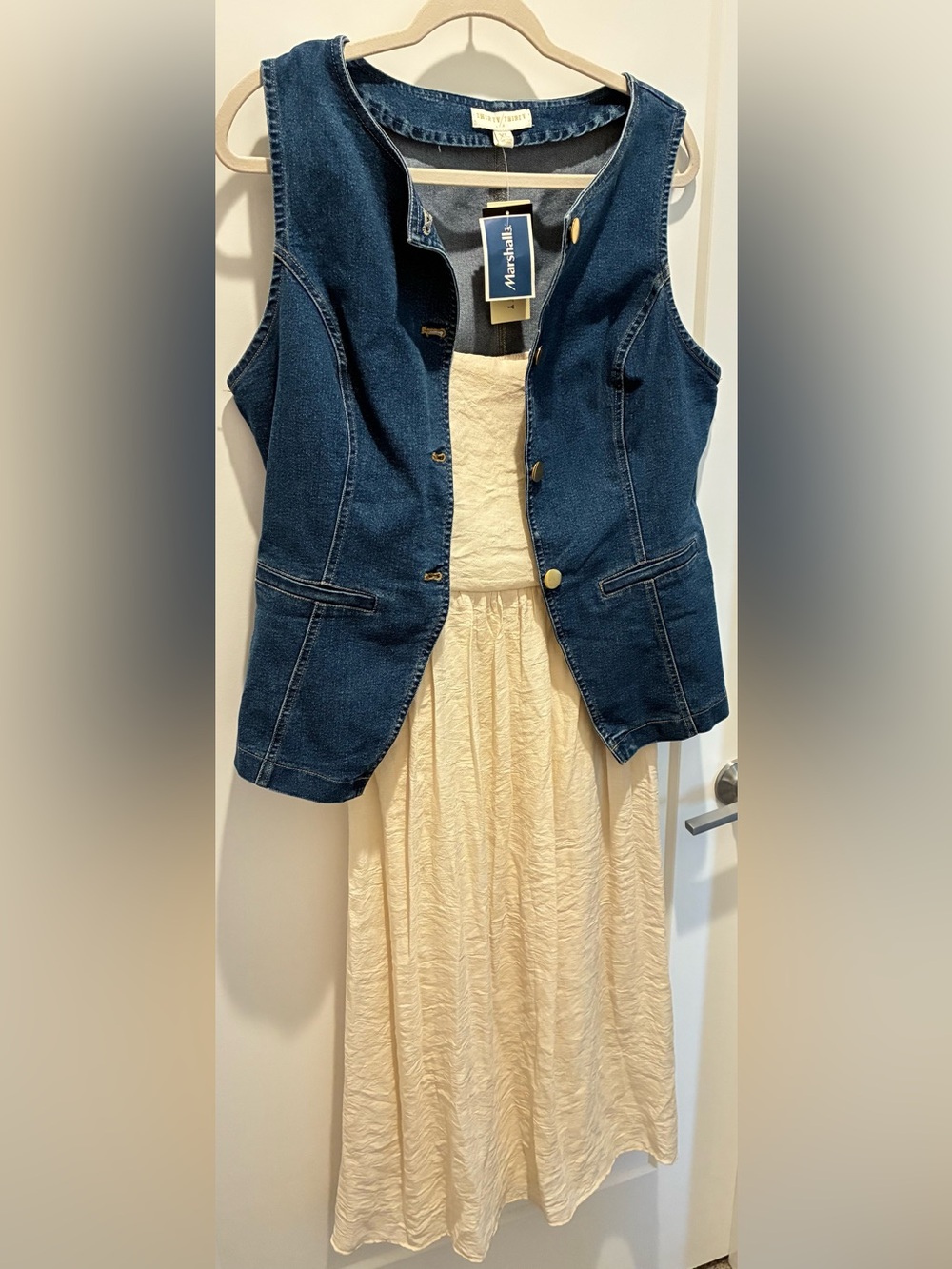 Dark Blue Denim Vest over Cream Dress, 2 piece, Brand New!